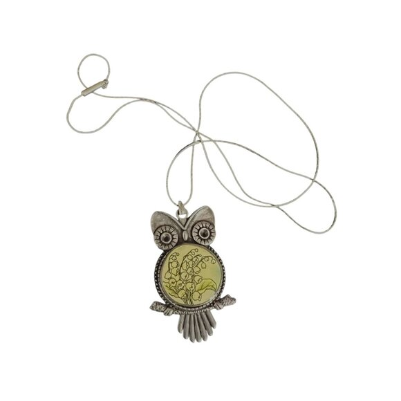 Vintage Owl Pendant Necklace 17" With Lily Of The Valley Art Nouveau Steam Punk - Picture 4 of 6